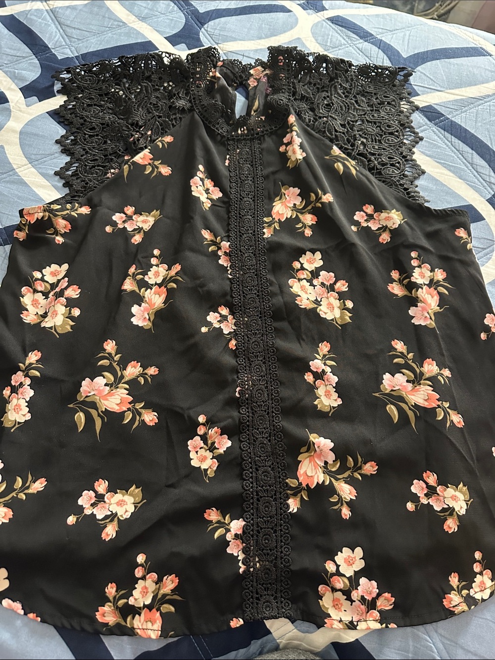 No Boundaries Black Floral Lace-Back Halter Camisole